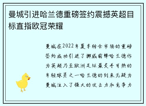 曼城引进哈兰德重磅签约震撼英超目标直指欧冠荣耀